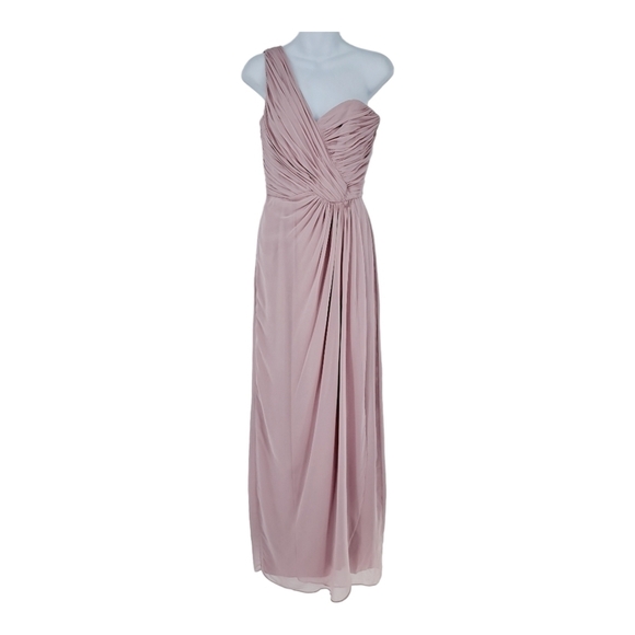 The Dessy Collection One Shoulder Draped Front Slit Maxi Dress Suede Rose Sz 4 - Picture 2 of 12